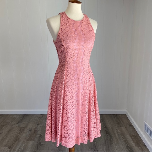 NWOT Erin Featherston High-Neck Pink Lace Dress 2 - Picture 2 of 8